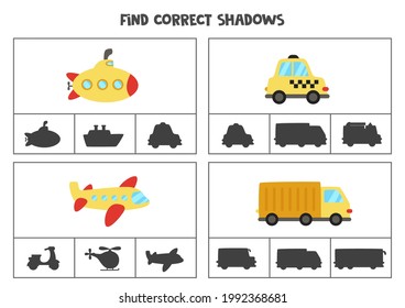 Find the correct shadows of cartoon transportation means. Clip cards for preschool kids.