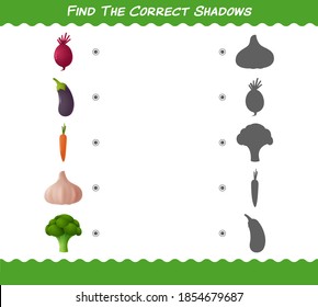 Find the correct shadows of cartoon vegetables . Searching and Matching game. Educational game for pre shool years kids and toddlers