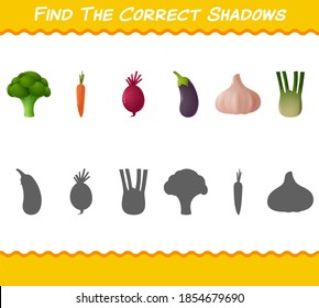 Find the correct shadows of cartoon vegetables . Searching and Matching game. Educational game for pre shool years kids and toddlers