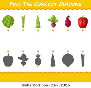 Encuentra las sombras correctas de las caricaturas vegetales. Juego de búsqueda y coincidencia. Juego educativo para niños y niños en edad preescolar