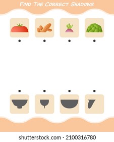 Encuentra las sombras correctas de las caricaturas vegetales. Juego de búsqueda y coincidencia. Juego educativo para niños y niños en edad preescolar