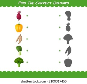 Find the correct shadows of cartoon vegetables. Searching and Matching game. Educational game for pre shool years kids and toddlers