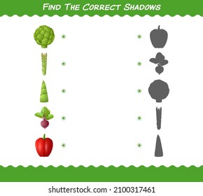 Encuentra las sombras correctas de las caricaturas vegetales. Juego de búsqueda y coincidencia. Juego educativo para niños y niños en edad preescolar