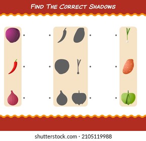 Find the correct shadows of cartoon vegetables. Searching and Matching game. Educational game for pre school years kids and toddlers