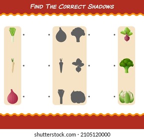 Encuentra las sombras correctas de las caricaturas vegetales. Juego de búsqueda y coincidencia. Juego educativo para niños y niños en edad preescolar