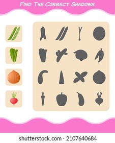 Finden Sie die richtigen Schatten von Cartoon-Gemüse. Suche und Matching-Spiel. Erziehungsspiel für Kinder und Kleinkinder im Vorschulalter