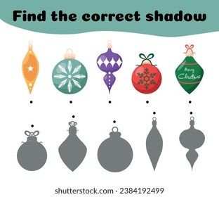 Find the correct shadows of Christmas ball . Children's educational game. The  Christmas ball was given a game to find the right shade. Vector illustration