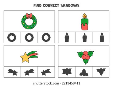 Find the correct shadows of Christmas items. Clip cards for preschool kids. 