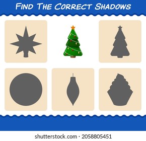 Find the correct shadows of christmas tree. Searching and Matching game. Educational game for pre shool years kids and toddlers