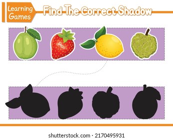 Find the correct shadows of cute cartoon fruits. Kids educational game. Vector Illustration. Character Cartoon Style. Children Learning Game