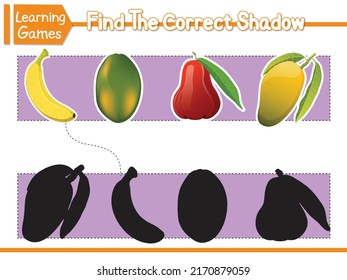 Find the correct shadows of cute cartoon fruits. Kids educational game. Vector Illustration. Character Cartoon Style. Children Learning Game