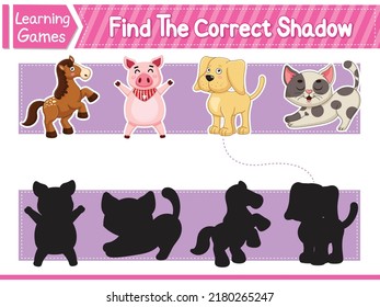 Find the correct shadows of cute cartoon Animals. Kids educational game. Printable Worksheet Vector Illustration. Children Learning Game