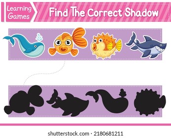 Find the correct shadows of cute cartoon Animals. Kids educational game. Printable Worksheet Vector Illustration. Children Learning Game
