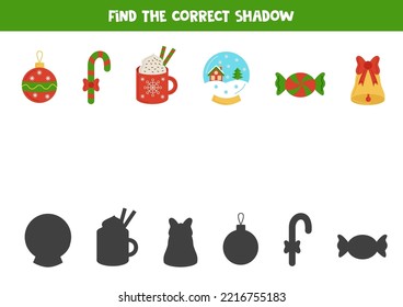 Finden Sie die richtigen Schatten süßer Weihnachtsessentials. Logisches Rätsel für Kinder.