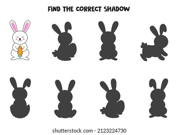Find the correct shadows of cute Easter bunny. Logical puzzle for kids.