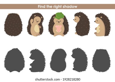 Find the correct shadows for cute hedgehogs. Educational logic game for children on a white background. Vector illustration