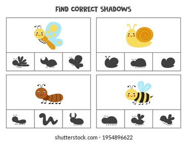 Find the correct shadows of cute insects. Clip cards for preschool kids.