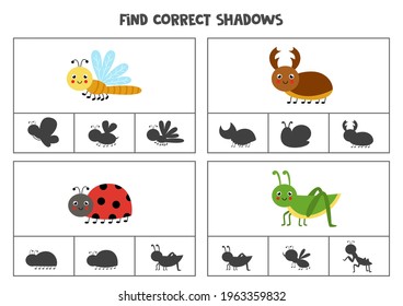 Find the correct shadows of cute insects. Clip cards for preschool kids.