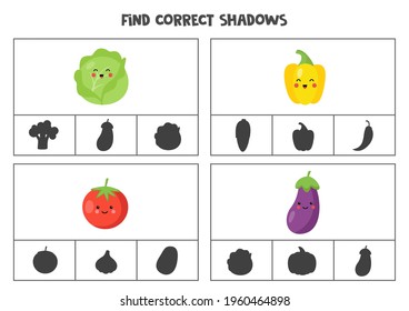 Find the correct shadows of cute kawaii vegetables. Clip cards for preschool kids.