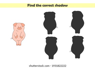 Find correct shadows of cute pig. Educational logical game for kids isolated on white background. Vector illustration