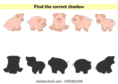 Find correct shadows of cute pigs. Educational logical game for kids isolated on white background. Vector illustration