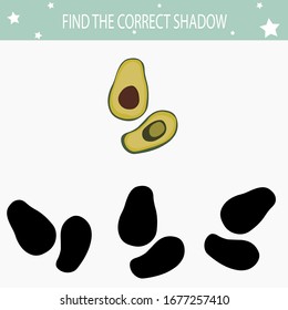 Find the correct shadows. Design template for game design. Game with vegetable for kindergarten. Sheet template. Puzzle page. Preschool worksheet. Kids education. Avocado silhouette.	