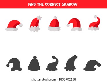 Find correct shadows of each Santa Claus hats. Educational logical game for kids.