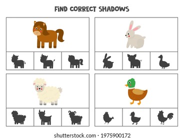 Find the correct shadows of farm animals. Clip cards for preschool kids.