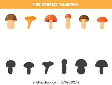 Find correct shadows of forest mushrooms. Educational logical game for kids. Printable worksheet for preschoolers.