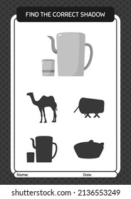 Find the correct shadows game with arabic teapot. worksheet for preschool kids, kids activity sheet