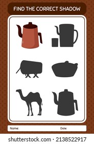 Find the correct shadows game with arabic teapot. worksheet for preschool kids, kids activity sheet