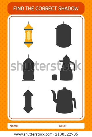 Find the correct shadows game with arabic lantern. worksheet for preschool kids, kids activity sheet