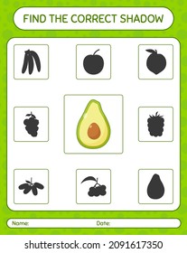 Find the correct shadows game with avocado. worksheet for preschool kids, kids activity sheet