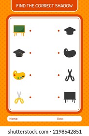 Find the correct shadows game with back to school icon. worksheet for preschool kids, kids activity sheet