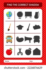 Find the correct shadows game with back to school icon. worksheet for preschool kids, kids activity sheet