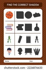 Find the correct shadows game with back to school icon. worksheet for preschool kids, kids activity sheet