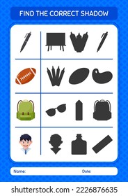 Find the correct shadows game with back to school icon. worksheet for preschool kids, kids activity sheet