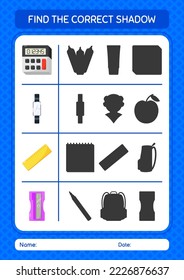 Busque el juego de sombras correcto con el icono de volver a la escuela. hoja de trabajo para niños de preescolar, hoja de actividades para niños