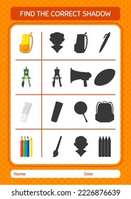 Find the correct shadows game with back to school icon. worksheet for preschool kids, kids activity sheet