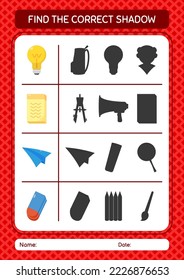 Find the correct shadows game with back to school icon. worksheet for preschool kids, kids activity sheet