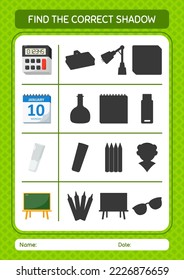 Find the correct shadows game with back to school icon. worksheet for preschool kids, kids activity sheet