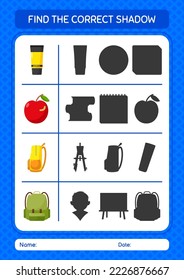 Find the correct shadows game with back to school icon. worksheet for preschool kids, kids activity sheet