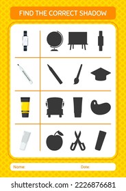Find the correct shadows game with back to school icon. worksheet for preschool kids, kids activity sheet