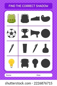 Find the correct shadows game with back to school icon. worksheet for preschool kids, kids activity sheet