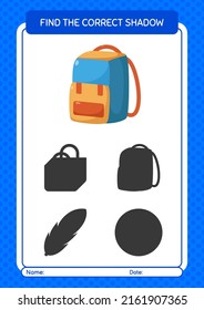 Find the correct shadows game with backpack. worksheet for preschool kids, kids activity sheet