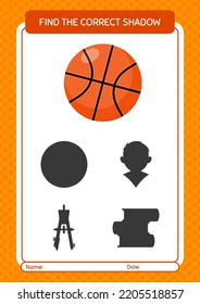 Find the correct shadows game with basketball. worksheet for preschool kids, kids activity sheet