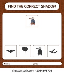 Find the correct shadows game with bat. worksheet for preschool kids, kids activity sheet