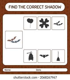 Find the correct shadows game with bat. worksheet for preschool kids, kids activity sheet