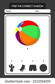 Find the correct shadows game with beach ball. worksheet for preschool kids, kids activity sheet
