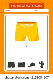 Finden Sie das richtige Schattenspiel mit Beach Short. Arbeitsblatt für Vorschulkinder, Kinderaktivität